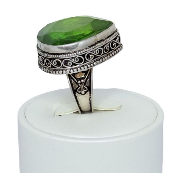 925 Sterling Silver Green Crystal Large Statement Ring Sz 8.5 Turkish Ethnic - Picture 5 of 16